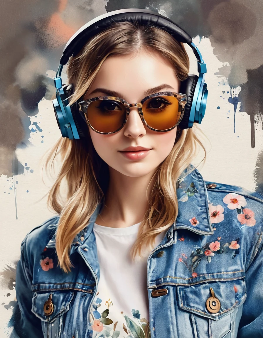 Perfect centering, Cute sloth, wear a denim jacket, Wear sunglasses, Wearing headphones, Luck, Standing position, abstract beauty, centered, looking at the camera, looking at the camera, Close to perfection, dynamic, Very detailed, smooth, keen focus, 8k, High resolution, Illustration, Vector image, Kunst von Carne Griffiths und Wadim Kashin, Background watercolor