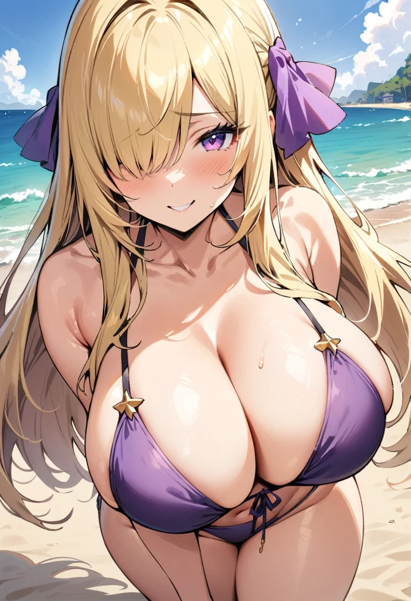 ((Best Quality)), ((masterpiece)), (detailed), 1 girl, Pastel yellow hair, Long hair, hair covers one eye, purple eyes, big breasts, big thighs, expression smiling shy, purple bikini, looking at the viewer, view from behind, backward, on the beach