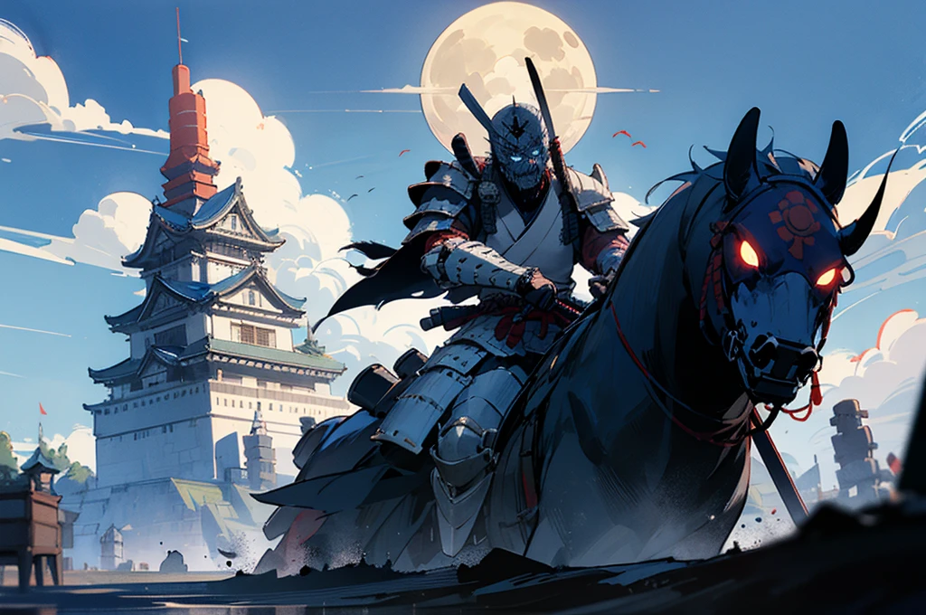Zombie, japanese armor, bloods, samurai, holding, japanese castle, nightmare, moonlight, blue sky