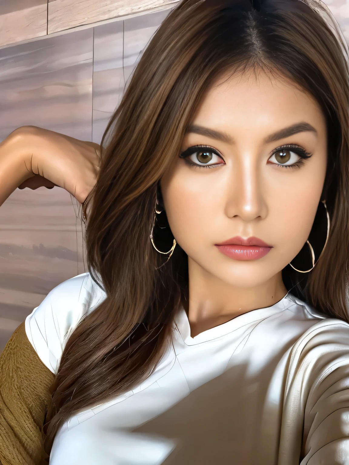 frown, makeup, angry, pout, mullet, hoop earrings, ass pov, uhd, anatomically correct, high details, best quality, 8k, One Japanese woman、30 years old、A close-up photo of a face with focus on the face、background:hotel lobby、Focused eyes、Detailed eyes、Detailed face、Light brown hair、White T-shirt、Brown eyes、