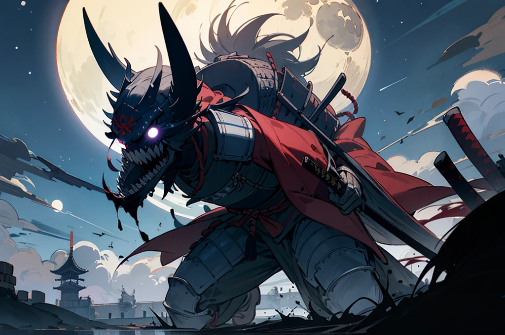 Zombie, japanese armor, bloods, samurai, holding, japanese castle, nightmare, moonlight, night sky