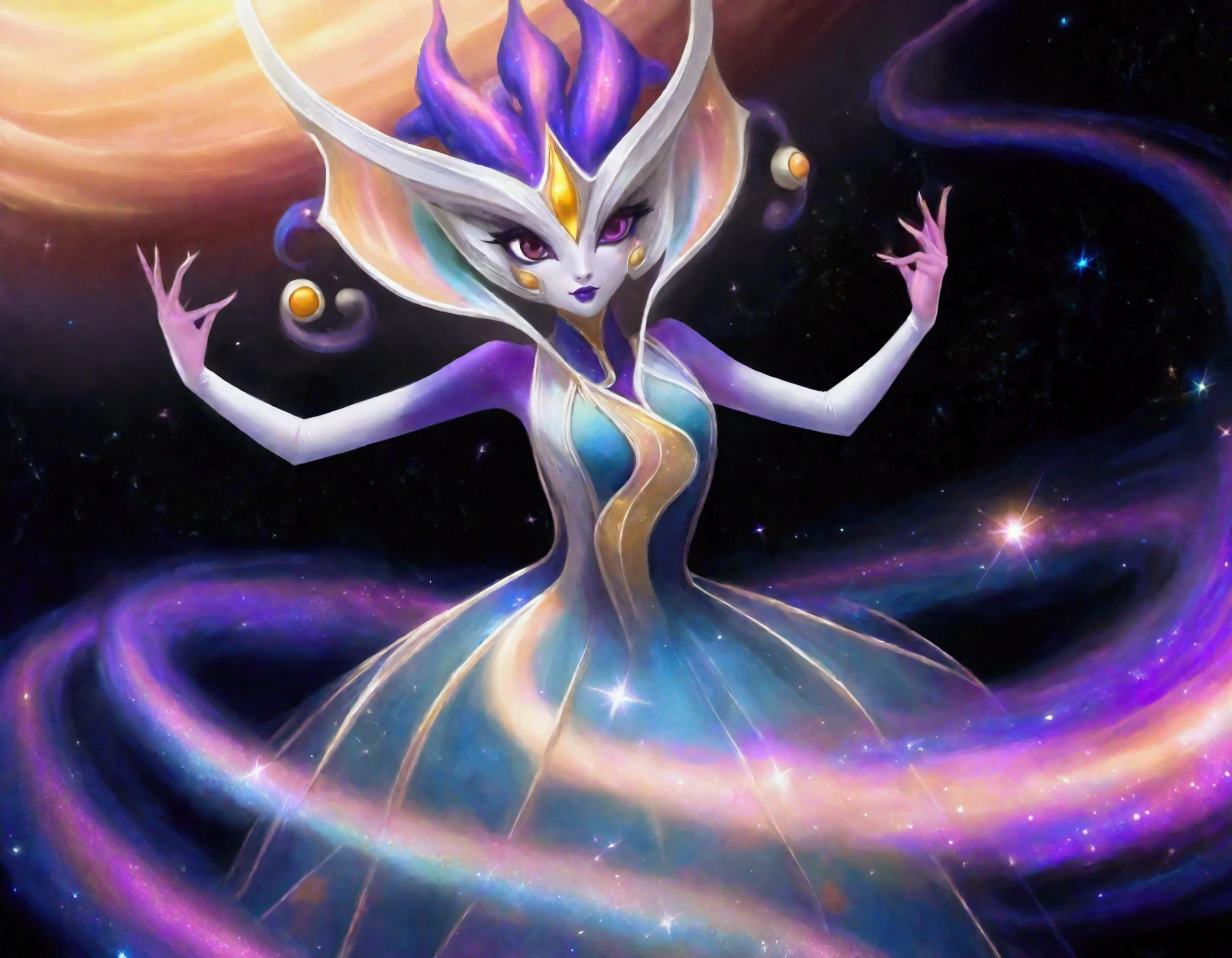 A lovely woman (age 25, sheer airy gown, dragon makeup, big eyes, colorful hair, dancing on a cosmic field of stars, trails of stardust and sparkles

