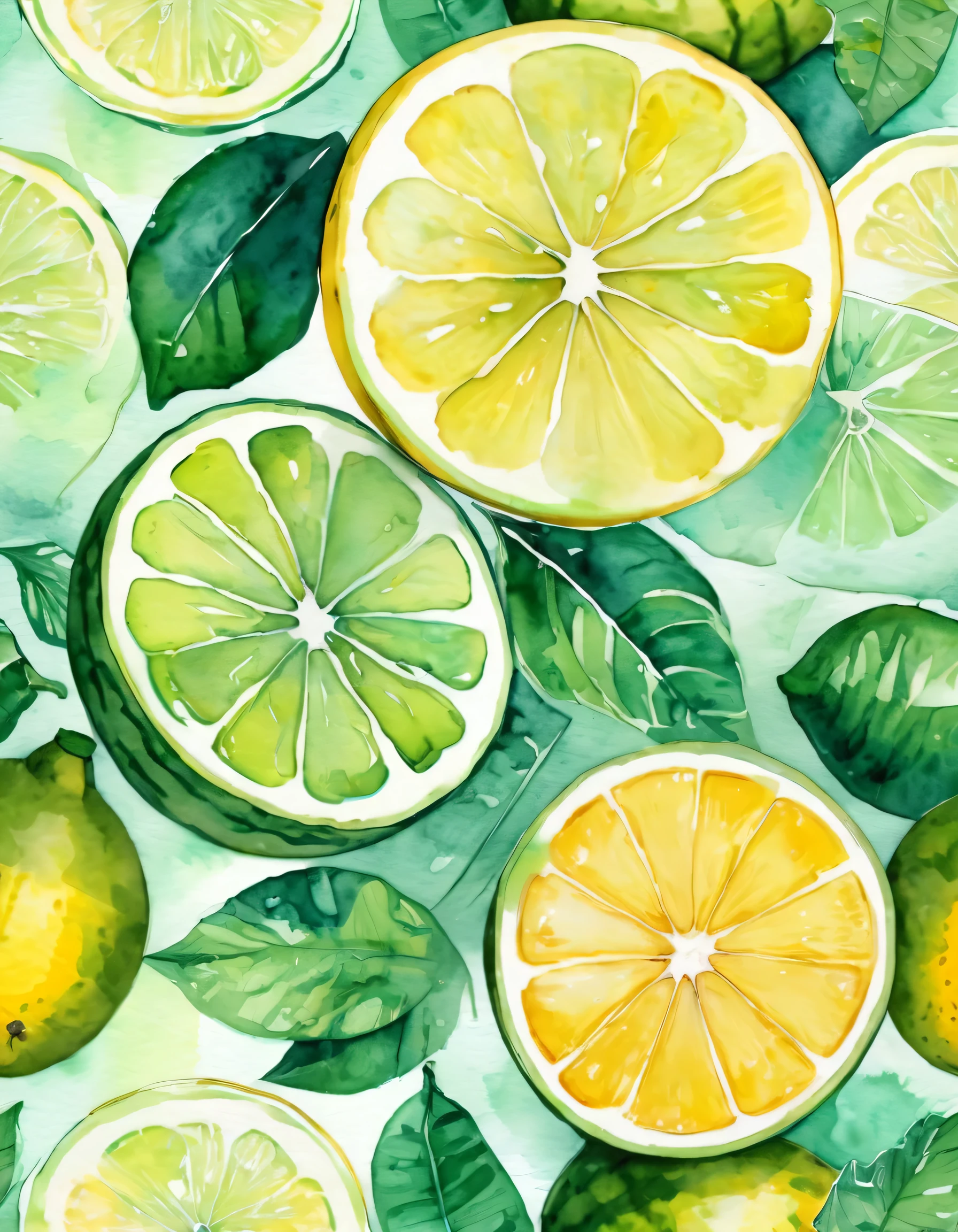 Mint green outline of lemon, Grapefruauf, watermelon, Watercolor background