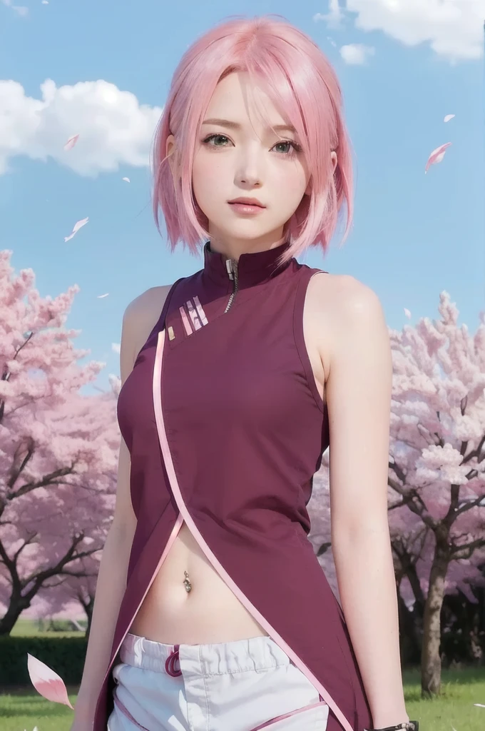 hyper realistic image girl with pink hair and green eyes standing in a field, sakura haruno, haruno sakura, sakura haruno in slug sage mode, sakura petals around her, from naruto, pink iconic character, sakura kinomoto, as an anime character, inspired by Munakata Shikō, lush sakura, sakura season, with pink hair