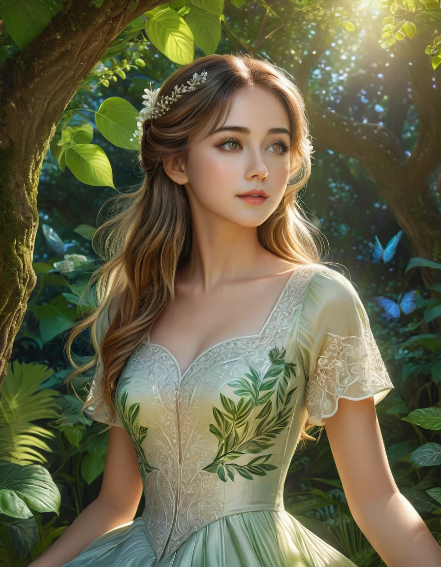 Txt2Img a beautiful detailed girl in a serene garden, elegant dress, thoughtful expression, sunlight filtering through trees, lush greenery, detailed intricate patterns, fantasy art, vibrant colors, dramatic lighting, highly detailed, 8k, photorealistic