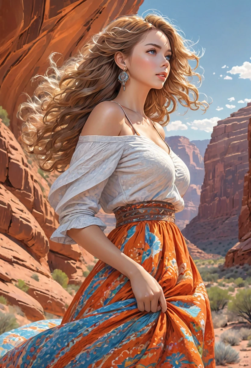 A colored pencil sketch of A beautiful woman with the appearance of Masiela Lusha, with hair that is coarse, wiry, and tightly curled. It often has a rough texture, feels stiff to the touch, and may be prone to frizz and tangling. curls can be densely packed.  Long southwestern style dress, hoop earing and jewelry. Skirts billowing in breeze. The Official Art – An Award-Winning Digital Masterpiece In 4K Ultra HD, Extreme Detail And Intricate Realism. This Concept Art Brought To Life By The Hands Of Artists Like Wlop & Artgerm In A Stunning 2D Vector Illustration. . LArge, perky, voluptuous, cleavage full, well shaped pleasing breasts. Background is a panoramic vista of redrock canyon. Looking at viewer with love.