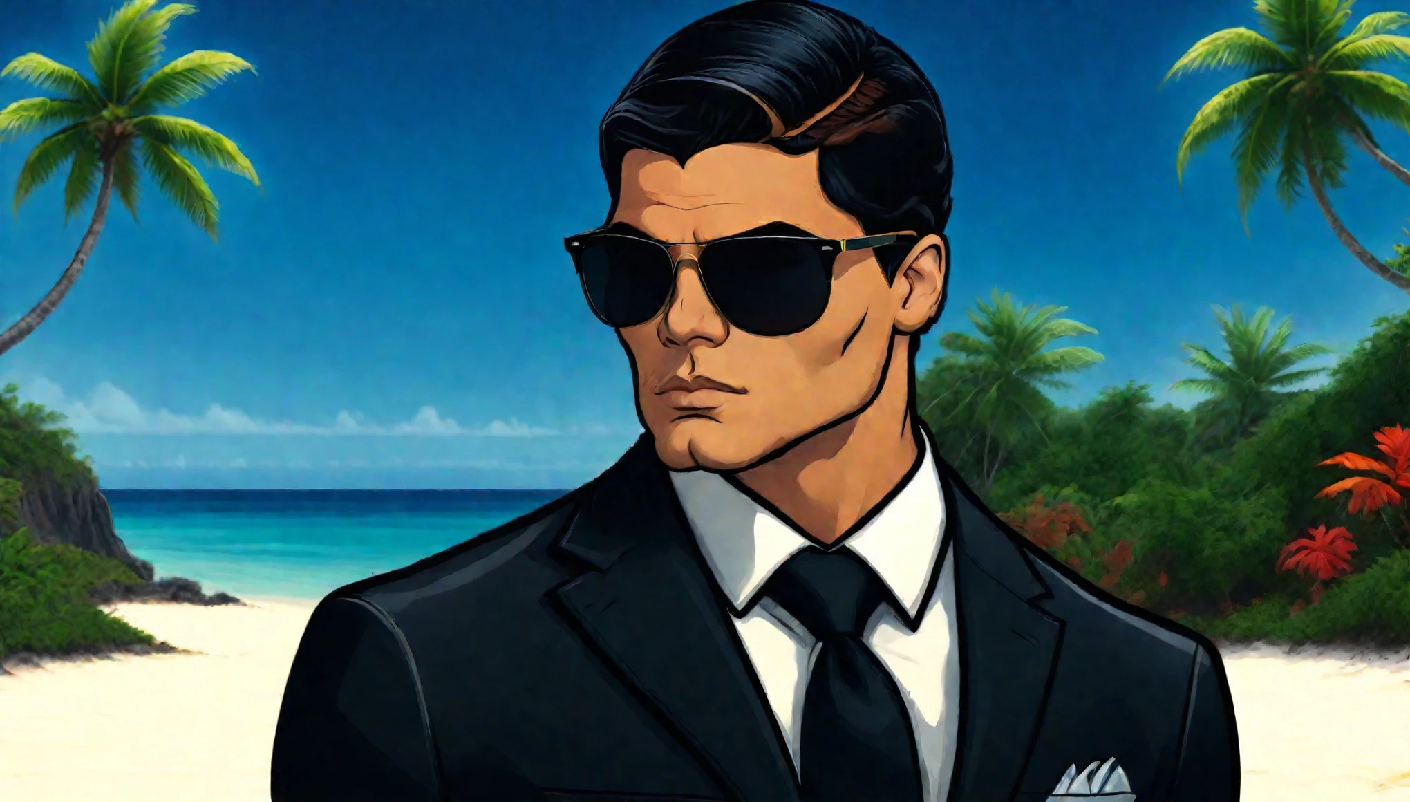 arqueroray, Tamahome, Wearing a black business suit, Sunglasses, tropical beach background, (thick outline:1.2)