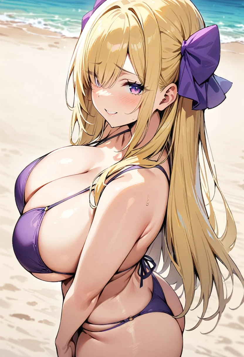 ((Best Quality)), ((masterpiece)), (detailed), 1 girl, Pastel yellow hair, Long hair, hair covers one eye, purple eyes, big breasts, big thighs, expression smiling shy, purple bikini, looking at the viewer, view from behind, backward, on the beach