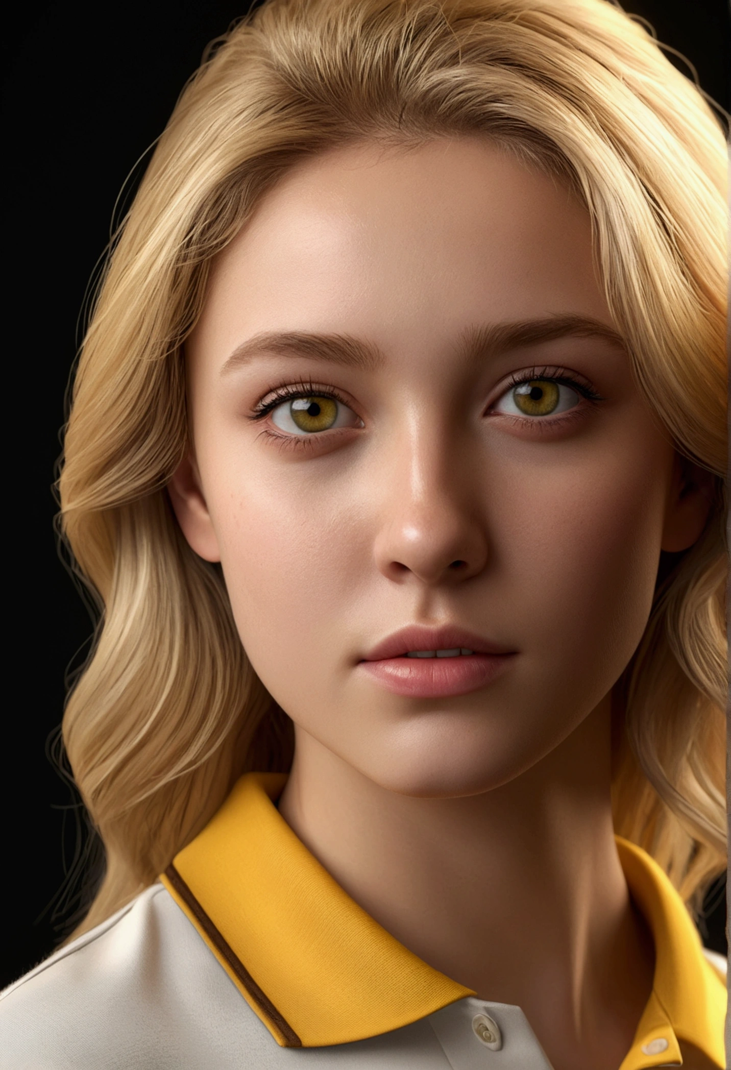 European, beautiful lady, 18yrs old, hazel eye, blond hair, headshot, yellow polo, sharp focus cgi, photorealistic, high detail, realistic, masterpiece, absurdres, best quality, HDR, high quality, high-definition, extremely detailed, 8k wallpaper, intricate details, 8K uhd, Full-HD, (realistic photo:1.2), contrast, harsh lighting, cinematic lighting, natural lighting, hard light, backlighting, global illumination, ambient occlusion