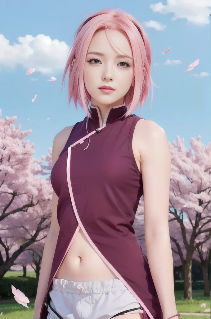 hyper realistic image girl with pink hair and green eyes standing in a field, sakura haruno, haruno sakura, sakura haruno in slug sage mode, sakura petals around her, from naruto, pink iconic character, sakura kinomoto, as an anime character, inspired by Munakata Shikō, lush sakura, sakura season, with pink hair, sexy girl,