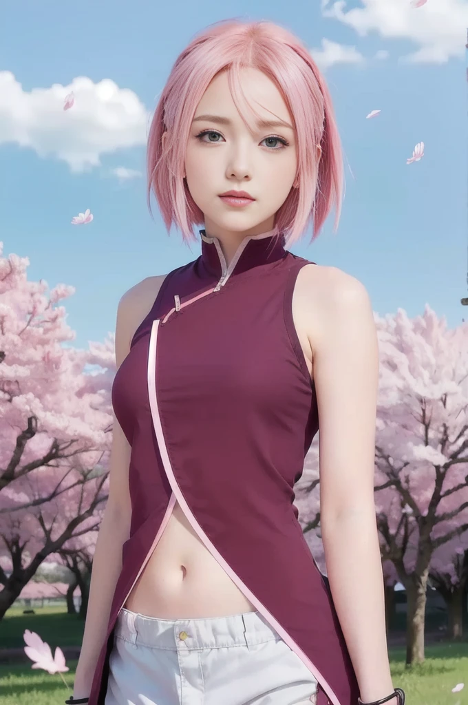 hyper realistic image girl with pink hair and green eyes standing in a field, sakura haruno, haruno sakura, sakura haruno in slug sage mode, sakura petals around her, from naruto, pink iconic character, sakura kinomoto, as an anime character, inspired by Munakata Shikō, lush sakura, sakura season, with pink hair, sexy girl,