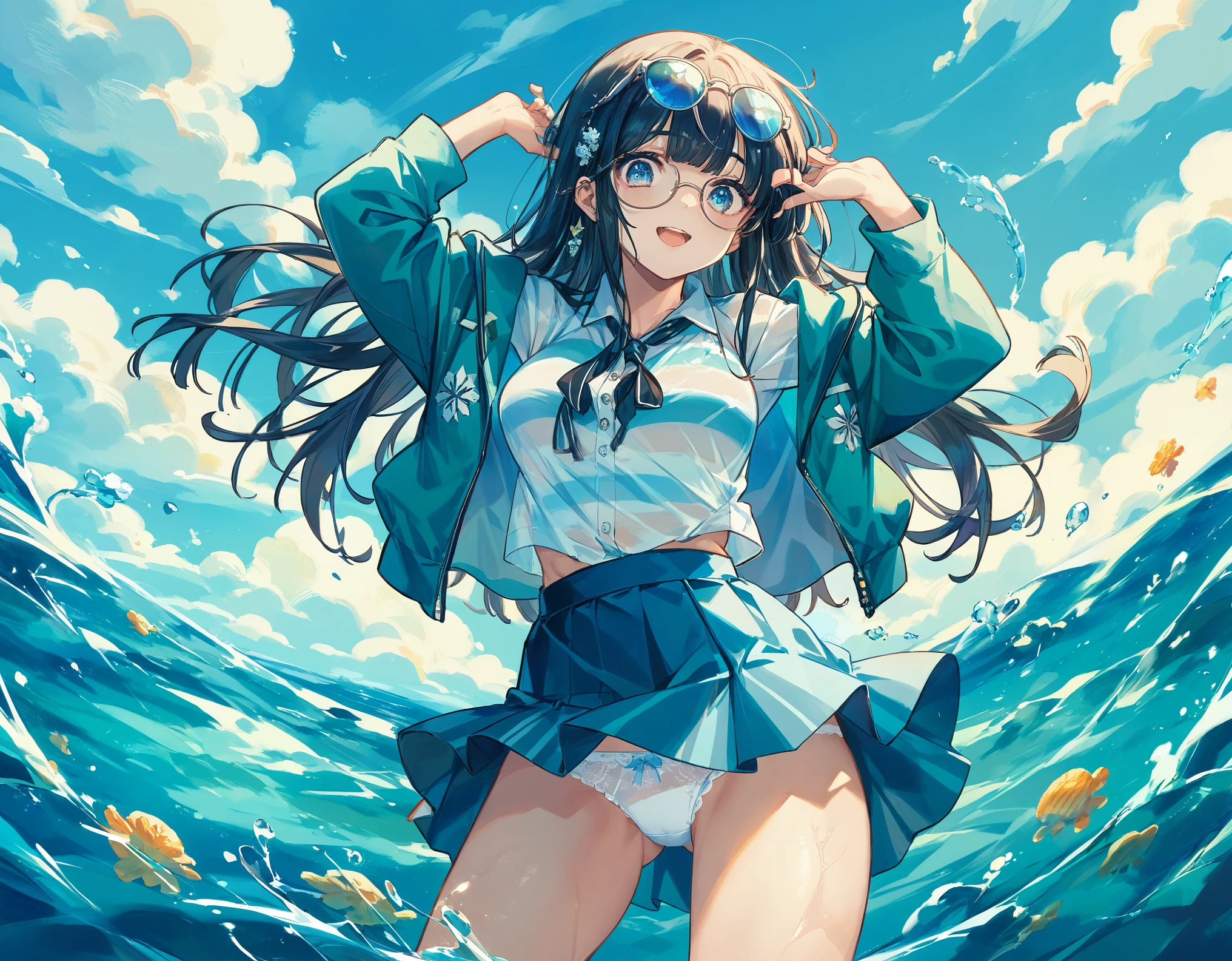  sticking to the shirt、Her breasts are visible through her blue and white striped shirt、Blue flared skirt、She lifts her skirt to reveal her cute white lace underwear、Girl with long black hair and glasses、whole body、Sandy beach and blue sky