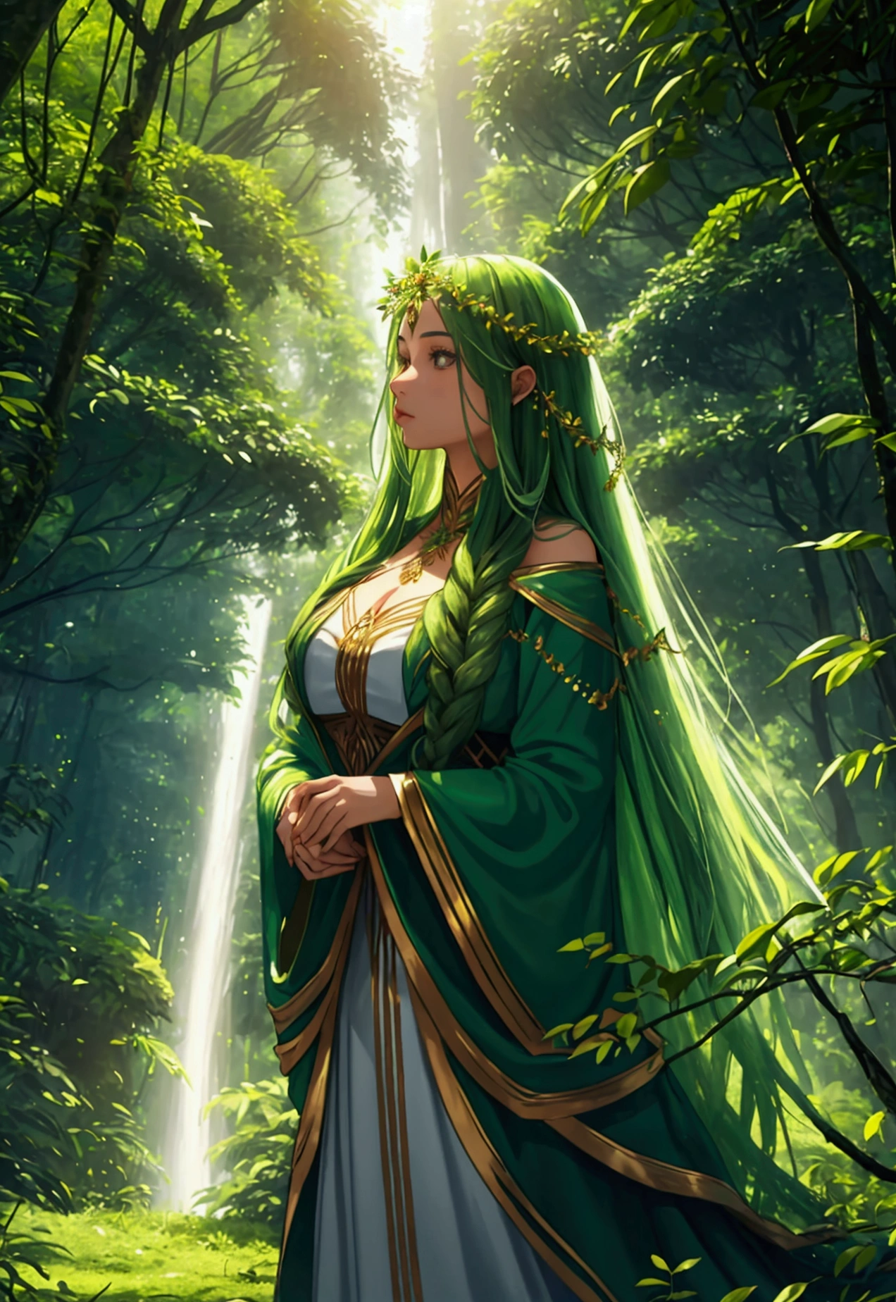 "Sofia is in the heart of the Amazon rainforest, surrounded by imposing trees and lush vegetation. Its evolved form is a spectacle of power and beauty. Her hair is long and flows like a current of green energy, shining with an ethereal light. Its skin displays intricate patterns that resemble roots and leaves., with a greenish color and touches of earthy brown. Seus olhos brilham intensamente, like two emeralds illuminated by an inner light.
Around Sofia, nature seems to vibrate in harmony with your presence. Vines and plants gently wrap around your arms and legs, as if they were an extension of your own body. Little flowers bloom where she steps, and an aura of green and gold energy emanates from his figure, pulsating with life.
Magical effects involve Sofia, with particles of light floating around you and vegetation responding to your every movement. The trees appear to lean slightly towards you, and the forest animals approach respectfully, recognizing your power. she reaches out, and a cascade of golden and green leaves gently falls around you, highlighting its deep and mystical connection with nature."