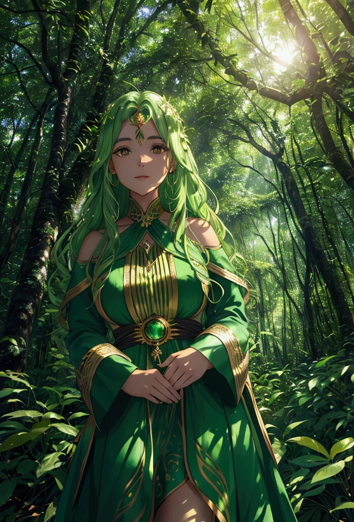 "Sofia is in the heart of the Amazon rainforest, surrounded by imposing trees and lush vegetation. Its evolved form is a spectacle of power and beauty. Her hair is long and flows like a current of green energy, shining with an ethereal light. Its skin displays intricate patterns that resemble roots and leaves., with a greenish color and touches of earthy brown. Seus olhos brilham intensamente, like two emeralds illuminated by an inner light.

Around Sofia, nature seems to vibrate in harmony with your presence. Vines and plants gently wrap around your arms and legs, as if they were an extension of your own body. Little flowers bloom where she steps, and an aura of green and gold energy emanates from his figure, pulsating with life.

Magical effects involve Sofia, with particles of light floating around you and vegetation responding to your every movement. The trees appear to lean slightly towards you, and the forest animals approach respectfully, recognizing your power. she reaches out, and a cascade of golden and green leaves gently falls around you, highlighting its deep and mystical connection with nature."