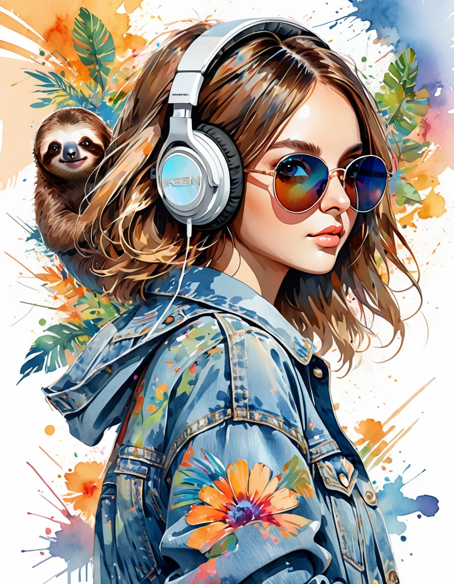 Perfect centering, Cute sloth, wear a denim jacket, Wear sunglasses, Wearing headphones, luck, Standing position, abstract beauty, centered, look into the camera, look into the camera, Close to perfection, dynamic, Very detailed,  smooth, keen focus, 8k, High resolution, Illustration, Vector image, Kunst von Carne Griffiths und Wadim Kashin,  Background watercolor 