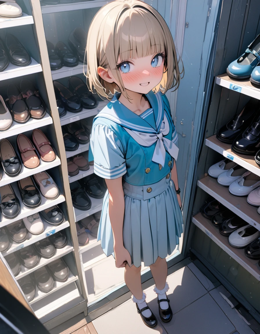 (8K, best quality, master piece: 1.2),super high resolution,1 idol,solo,13yo,ultra-detailed face,detailed eyes,Beige hair,short hair,straight hair,blunt bangs,blue eyes,lash extension,happy,nose blush,floral pattern sailor collar lolita fashionin(Light blue:1.4),Short sleeves,fullbody,look at viewer,standing,bobby socks,mary janes,rim right,indoors Shoe Store