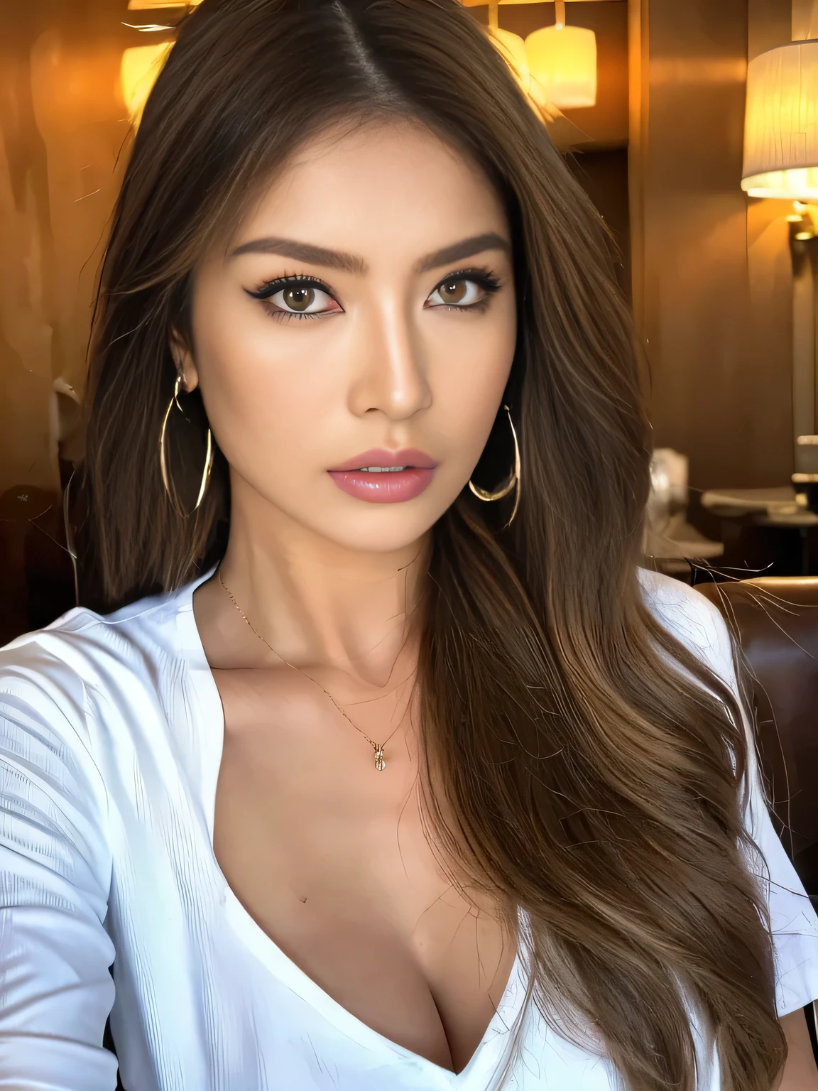 makeup, angry, mullet, hoop earrings, raised eyebrows, half-closed eyes, clenched teeth, ass pov, uhd, anatomically correct, high details, best quality, 8k、One Japanese woman、30 years old、Close-up photo with focus on face、background:hotel lobby、Focused eyes、Detailed eyes、Detailed face、Light brown hair、White T-shirt、Brown eyes、Very angry、