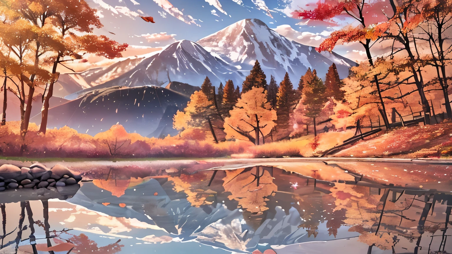 a wonderful autumn camping landscape, forest trees, mountains in the distance, cloudy sky, calm lake reflection, fallen leaves on the ground, campfire, camping tent, wooden bench, outdoor gear