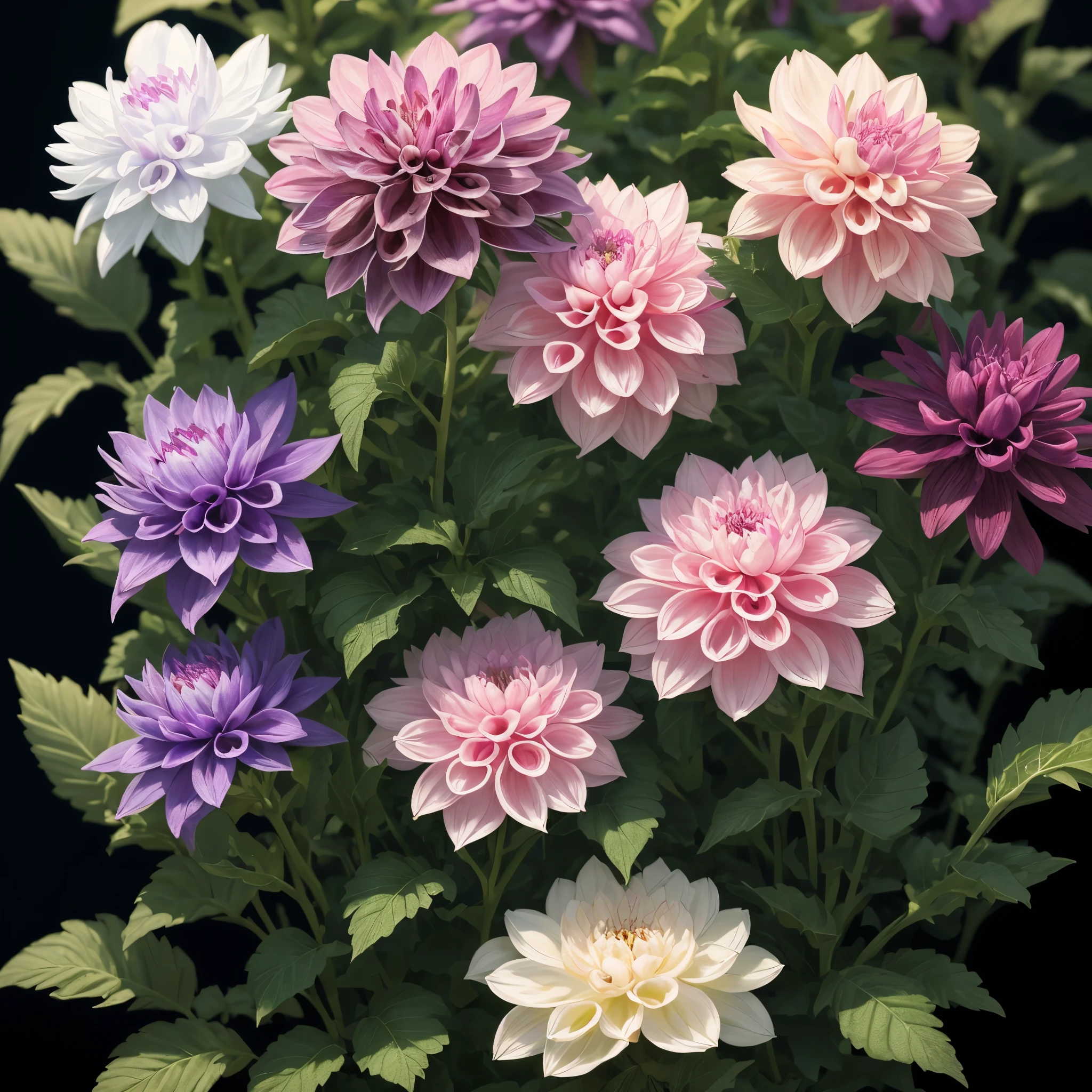 a close up of a bunch of purple flowers with green stems, dahlias, detailed flowers, beautiful flower, flowers!!!!, pink flowers, intricate!!, beautiful flowers, intricately, beautiful detail, flowers with intricate detail, beautiful!!!!!!!!!, beautiful detail and color, intricate!!!, pretty flowers, vibrant pink, flowers with very long petals, exquisitely detailed