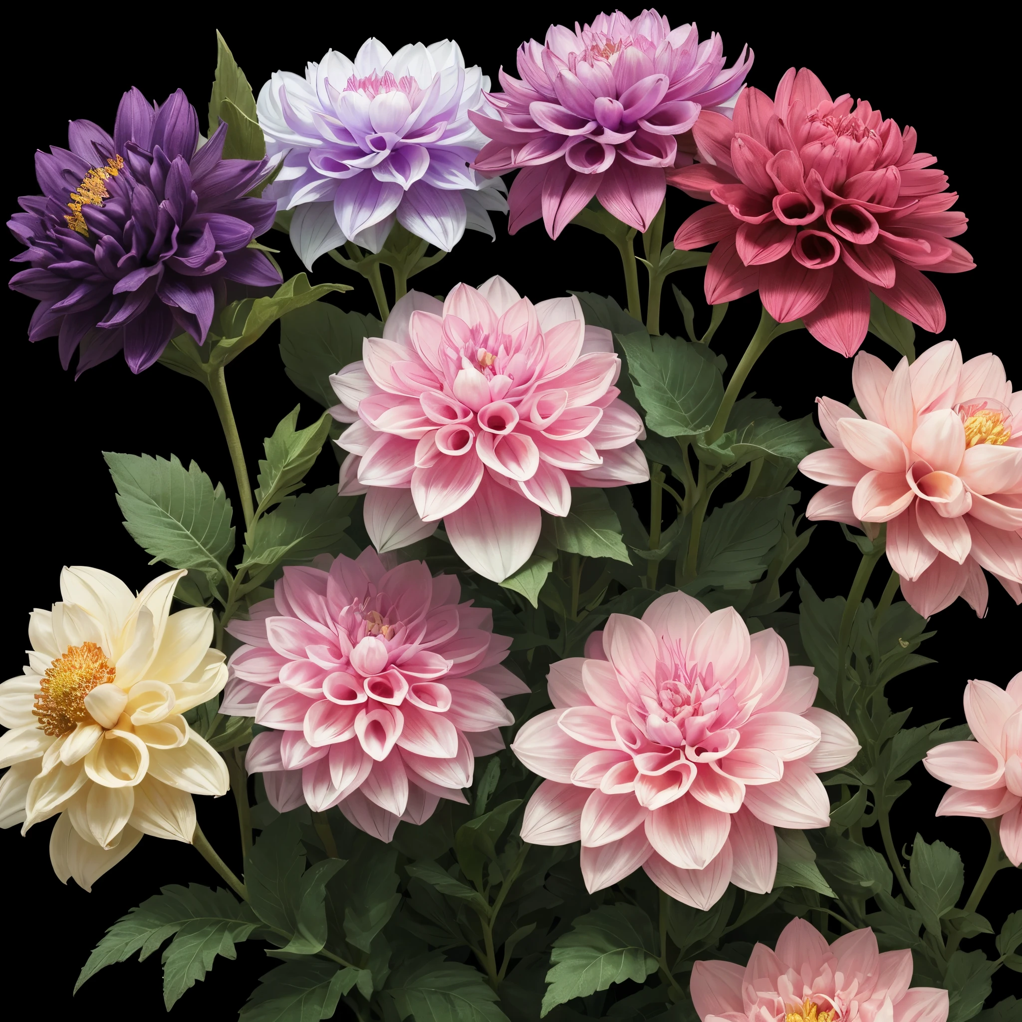 a close up of a bunch of purple flowers with green stems, dahlias, detailed flowers, beautiful flower, flowers!!!!, pink flowers, intricate!!, beautiful flowers, intricately, beautiful detail, flowers with intricate detail, beautiful!!!!!!!!!, beautiful detail and color, intricate!!!, pretty flowers, vibrant pink, flowers with very long petals, exquisitely detailed