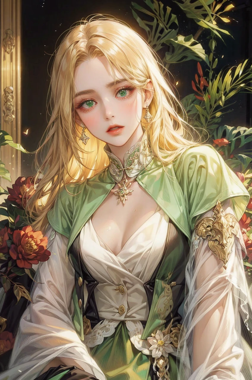 Noble woman, Caucasian skin, long face, greeneyes, honey colored hair, With closed clothes
