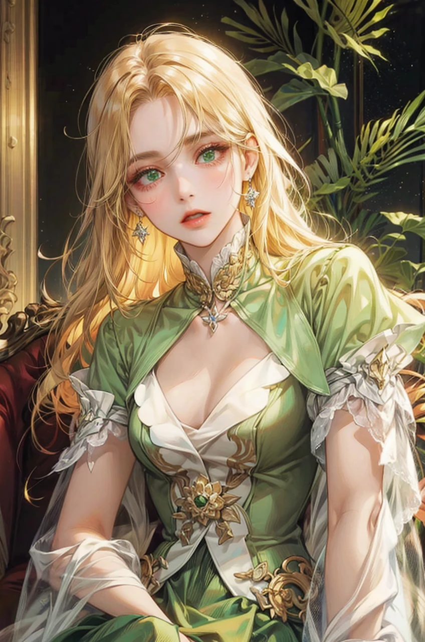 Noble woman, Caucasian skin, long face, greeneyes, honey colored hair, With closed clothes