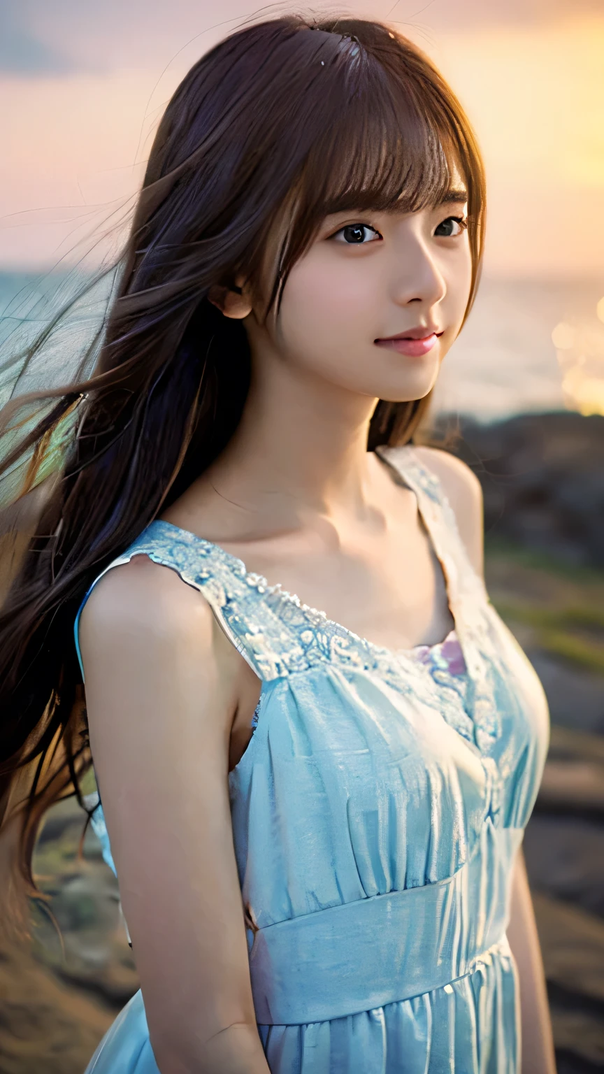 Highest quality,4K,8k,High resolution,masterpiece:1.2,Very detailed,Realistic:1.37,Portraiture,Soft colors,Gentle light,A girl exuding fatigue,Long flowing hair,Delicate features,Deeply contemplative eyes,White skin,Happy expression,Soft pastel colors,Great atmosphere,Sleeveless dress,Subtle brushwork,Dreamlike composition,Gazing into the distance,,Romantic atmosphere、With the sunset in the background,Calm colors,Soft Shadows、You can see the ocean、