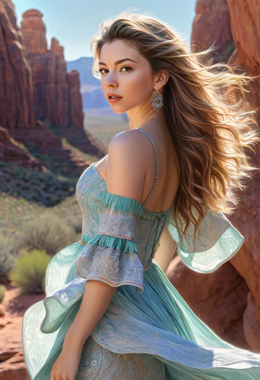 A colored pencil sketc? of A beautiful woman with the appearance of Masiela Lusha, with hair that is coarse, wiry, and tightly curled. It often has a rough texture, feels stiff to the touch, and may be prone to frizz and tangling. curls can be densely packed. Long southwestern style dress, hoop earing and jewelry. Skirts billowing in breeze. The Official Art – An Award-Winning Digital Masterpiece In 4K Ultra HD, Extreme Detail And Intricate Realism. This Concept Art Brought To Life By The Hands Of Artists Like Wlop & Artgerm In A Stunning 2D Vector Illustration. . LArge, perky, voluptuous, cleavage full, well shaped pleasing breasts. Background is a panoramic vista of redrock canyon. Looking at viewer with love.