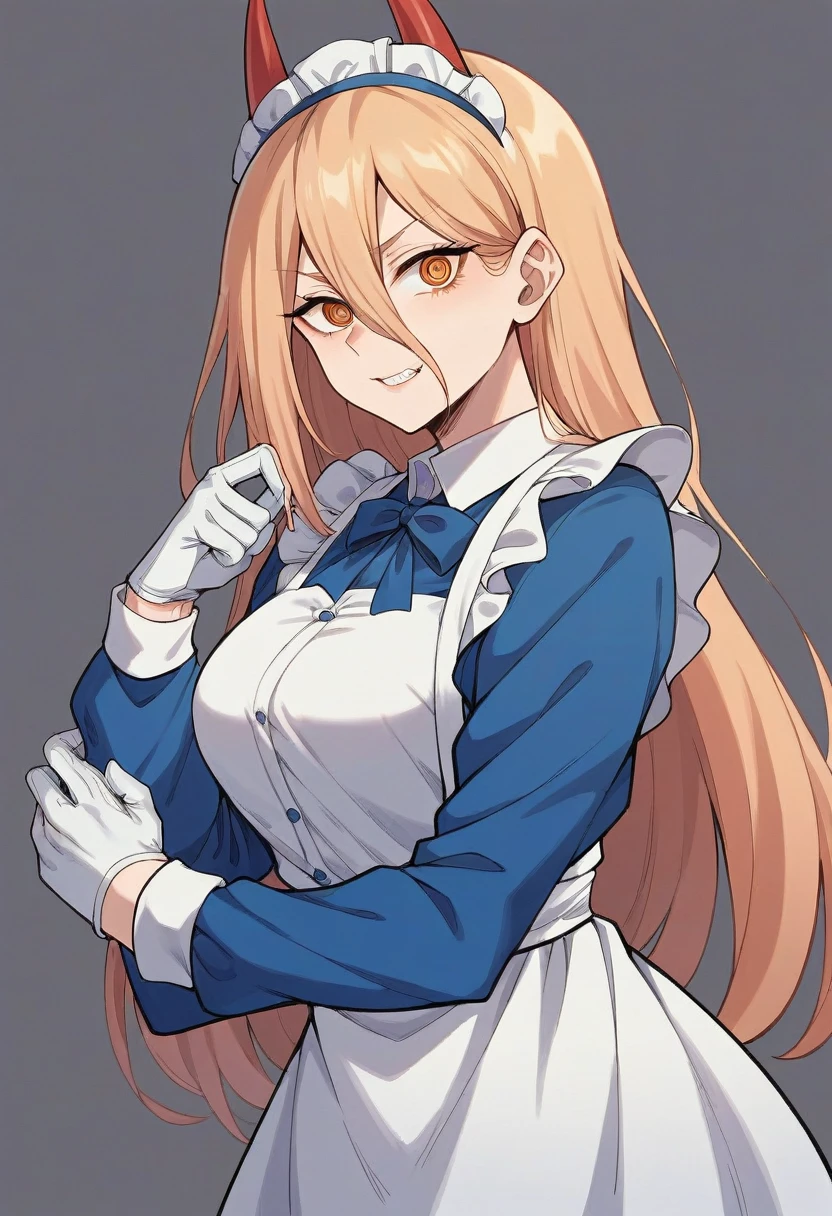 1girl, power \(chainsaw man\), ((blue medical gloves)), (maid uniform), ((long sleeves)), looking at viewer, standing, solo
