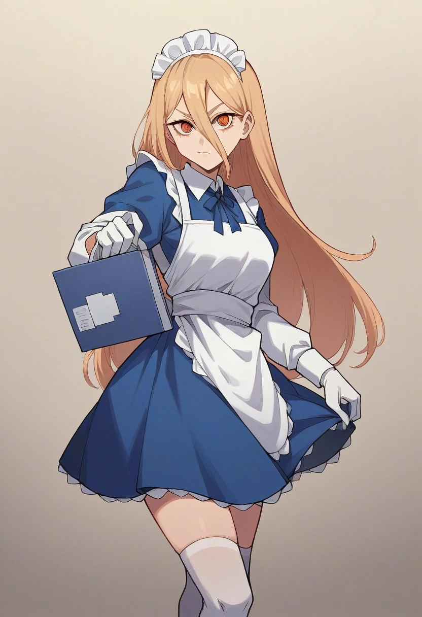1girl, power \(chainsaw man\), ((blue medical gloves)), (maid uniform), ((long sleeves)), looking at viewer, standing, solo