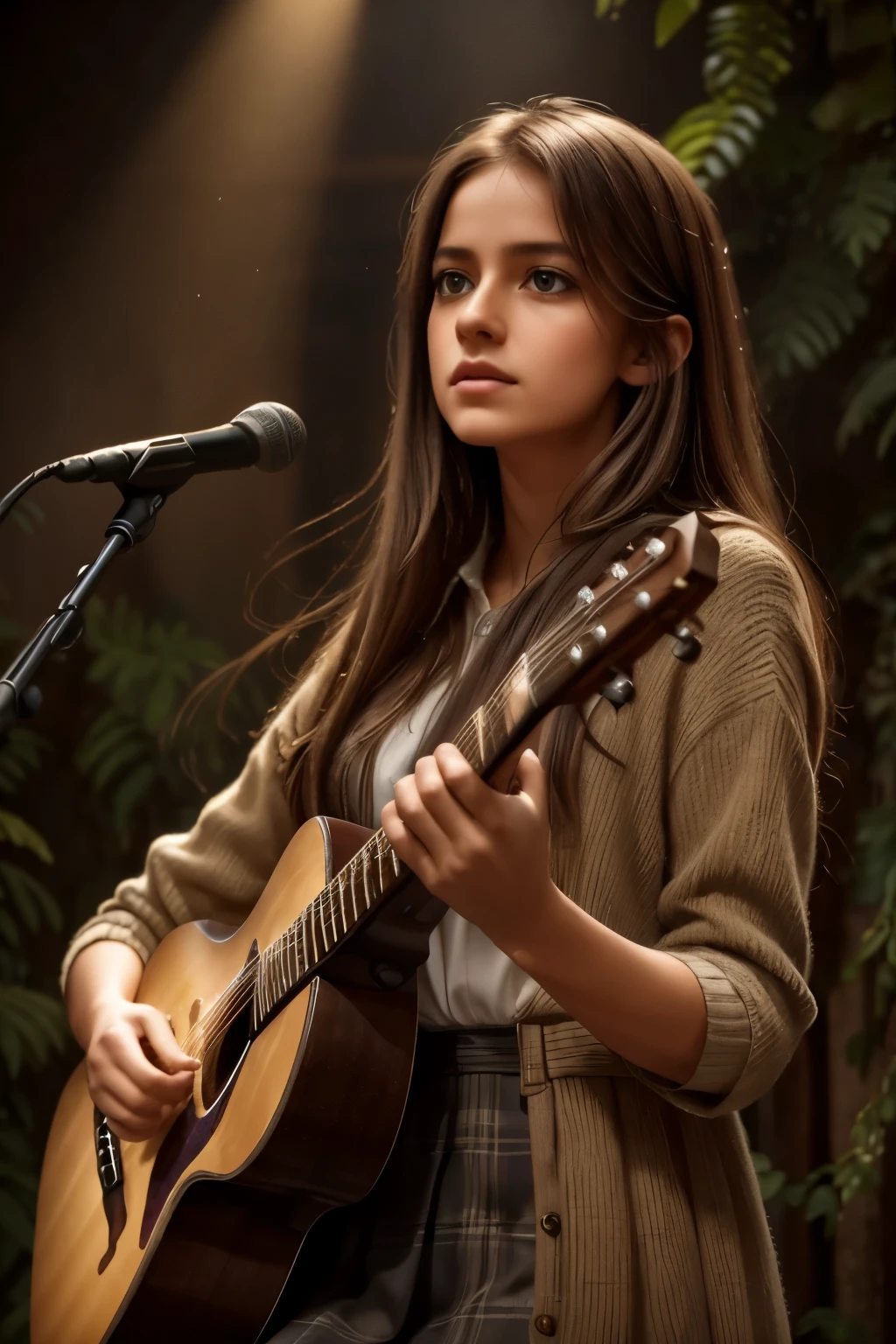 Create an awe-inspiring digital artwork that captures the serene beauty of an ancient forest at twilight. The scene should feature towering trees bathed in soft, golden light filtering through the foliage, casting gentle shadows on the lush undergrowth. a girl playing electric guitar,beautiful detailed eyes,beautiful detailed lips,extremely detailed eyes and face,longeyelashes,solo musician,electric guitar,rock music,stage performance,dramatic lighting,dark background,cinematic,photorealistic,studio lighting,8k,best quality,masterpiece,ultra-detailed,vibrant colors,dramatic shadows, The image should evoke a sense of tranquility and wonder, inviting viewers to immerse themselves in the enchanting realm of nature.