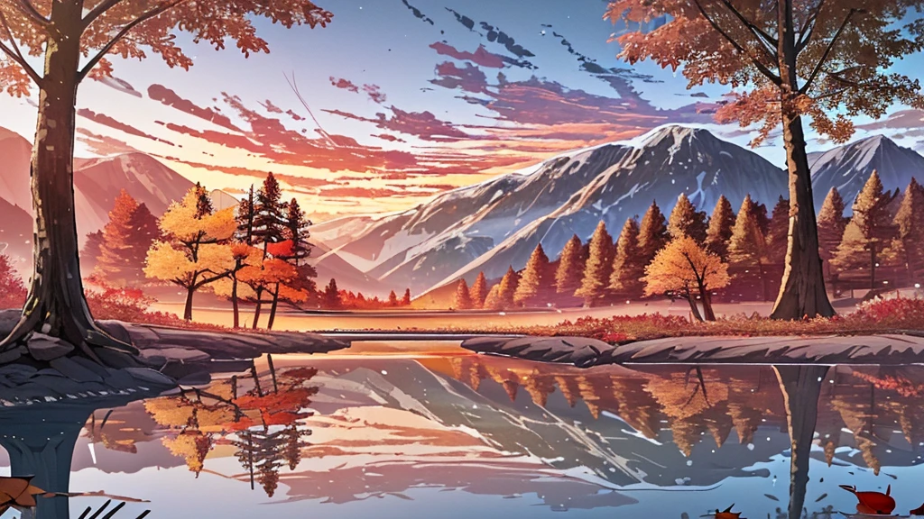 a wonderful autumn camping landscape, forest trees, mountains in the distance, cloudy sky, calm lake reflection, fallen leaves on the ground, campfire, camping tent, wooden bench, outdoor gear