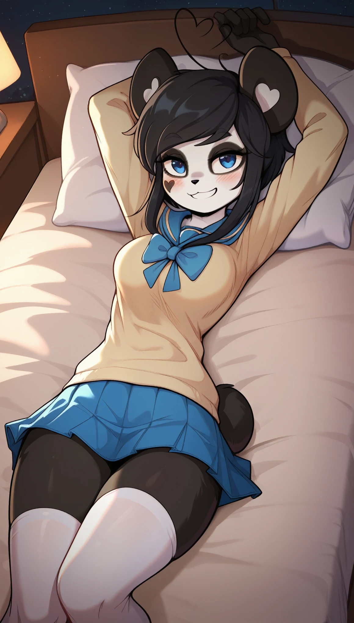 masterpiece, best quality, seductive expression, 1girl, anthro, furry, fur, fluffy fur, kenny \(kenashcorp\), (panda, panda girl), furry, panda ears, animal nose, black fur, white fur, eyes makeup, black eyes, panda tail, heart ahoge, cheek heart, black arms, black legs, black hair, medium hair, blue eyes, half-closed eyes, medium breasts, thick thighs, solo, (bedroom), (night), detailed, laying on bed, (school uniform, blue skirt, white thighhighs), (arms above head), cute grin, blush, score_9, score_8_up, score_7_up, score_6_up, score_5_up, score_4_up