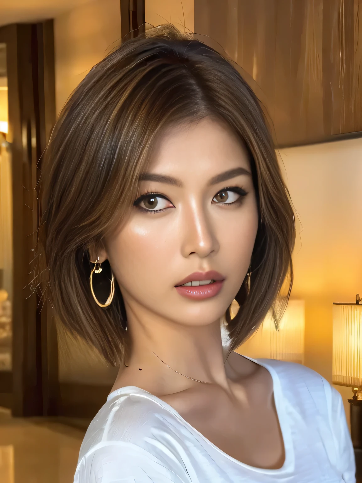 makeup, angry, mullet, hoop earrings, raised eyebrows, half-closed eyes, clenched teeth, ass pov, uhd, anatomically correct, high details, best quality, 8k、One Japanese woman、30 years old、Short Bob Cut Hair、Close-up photo with focus on face、background:hotel lobby、Focused eyes、Detailed eyes、Detailed face、Light brown hair、White T-shirt、Brown eyes、Very angry、Symmetrical eyes、