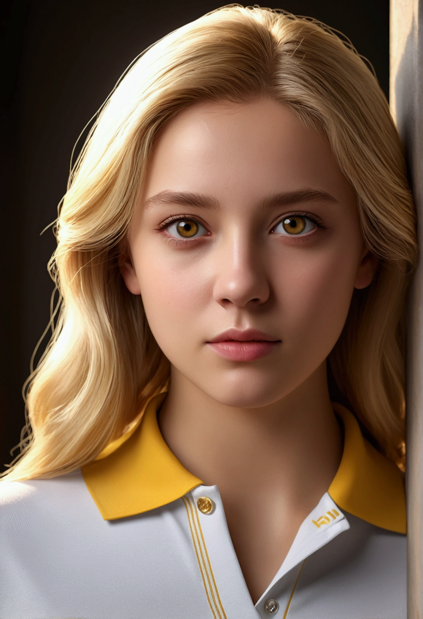 European, beautiful lady, 18yrs old, brown hazel eye, blond hair, headshot, sharp focus cgi, photorealistic, high detail, realistic, yellow polo, masterpiece, absurdres, best quality, HDR, high quality, high-definition, extremely detailed, 8k wallpaper, intricate details, 8K uhd, Full-HD, (realistic photo:1.2), contrast, harsh lighting, cinematic lighting, natural lighting, hard light, backlighting, global illumination, ambient occlusion