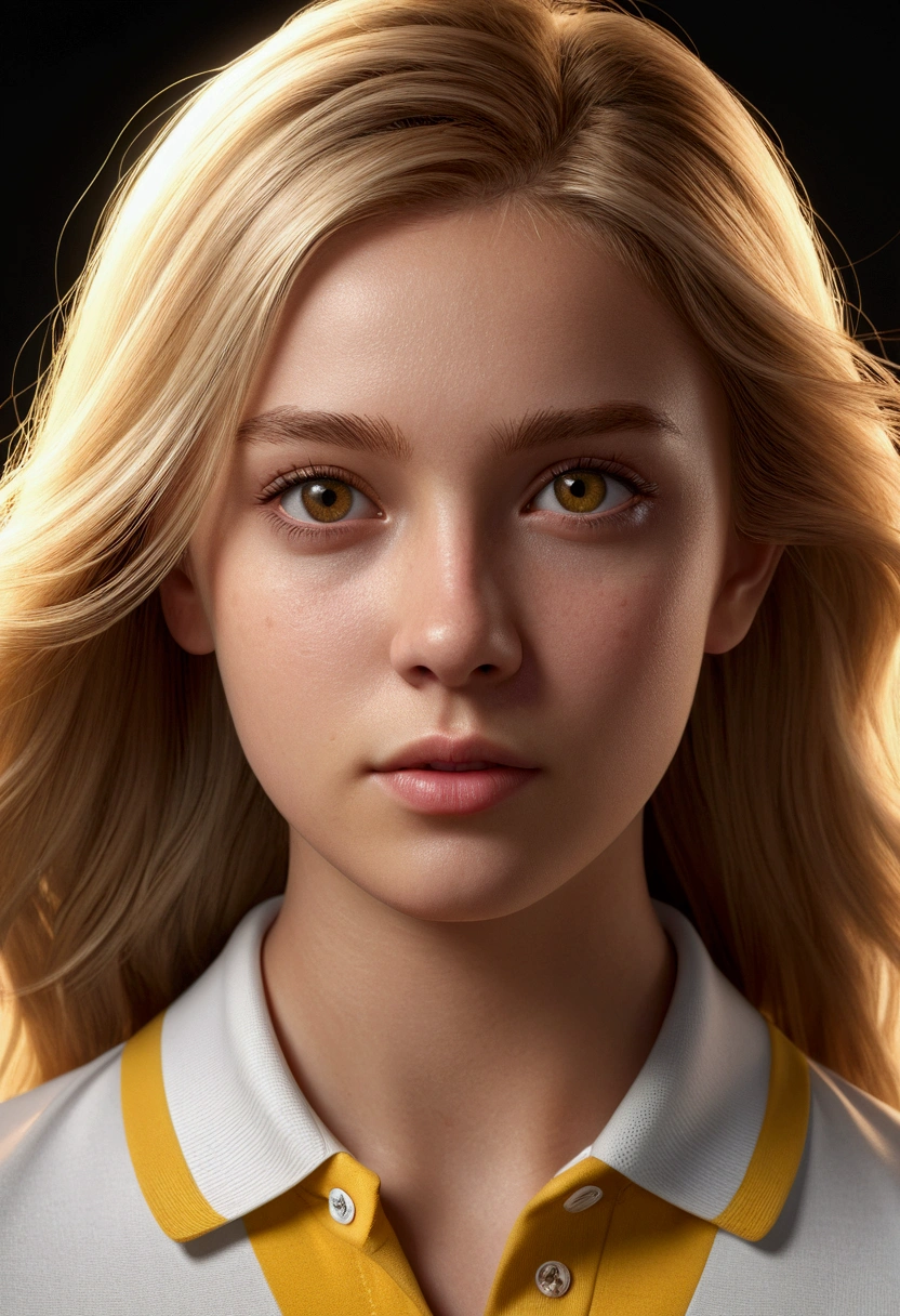 European, beautiful lady, 18yrs old, brown hazel eye, blond hair, headshot, sharp focus cgi, photorealistic, high detail, realistic, yellow polo, masterpiece, absurdres, best quality, HDR, high quality, high-definition, extremely detailed, 8k wallpaper, intricate details, 8K uhd, Full-HD, (realistic photo:1.2), contrast, harsh lighting, cinematic lighting, natural lighting, hard light, backlighting, global illumination, ambient occlusion