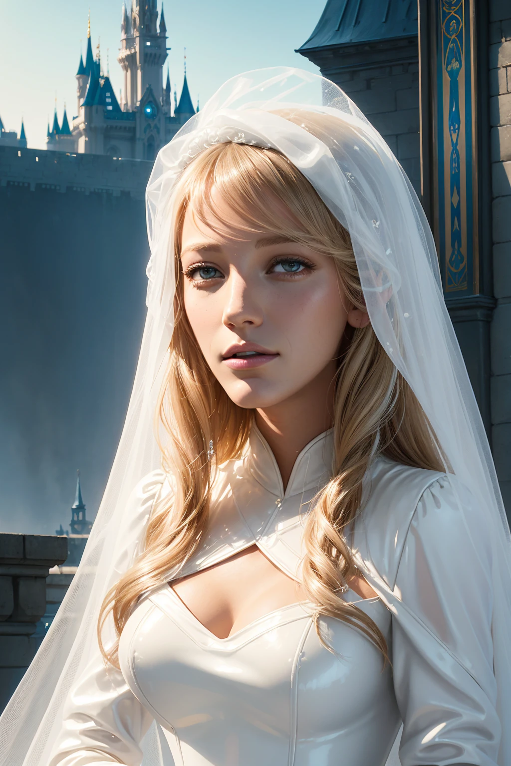 36k, portrait of Blake Lively wearing white pvc veil bride, against the background of the Disney castle, cinematic lighting, soft bokeh, fantasy, modern, colourful, highly detailed, digital painting, artstation, deviantart, concept art, sharp focus, illustration, by edward hopper and rene magritte and alphonse mucha