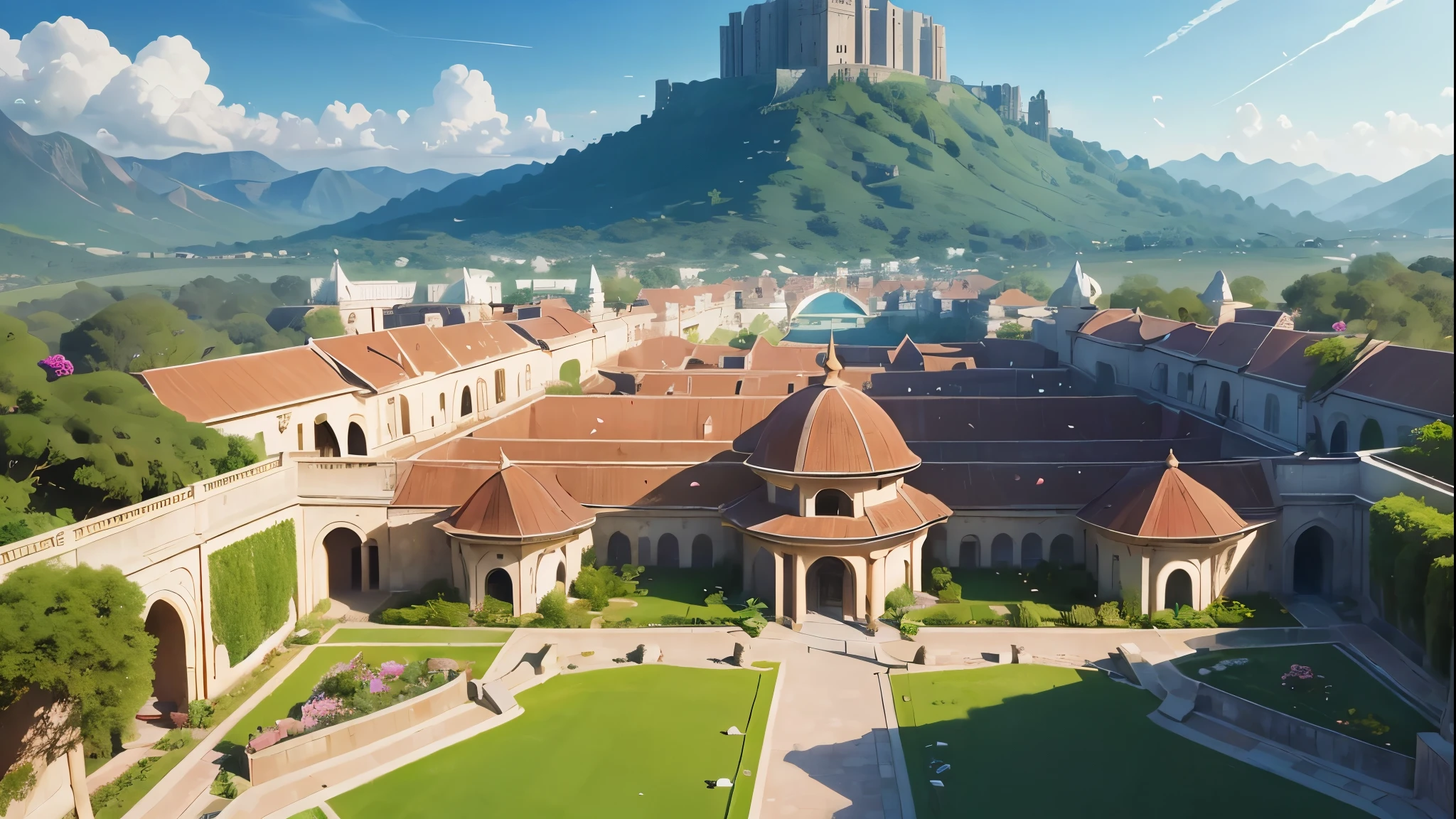 Image Description:An aerial view of a majestic kingdom in a lush green valley, cercado por montanhas. Elegant and harmonious buildings reflect the nature of the inhabitants.Kingdom OverviewLocation: Green valley with mountains and blue sky.disposition: Central palace surrounded by temples, libraries and residences in concentric circles. Gardens and squares intersperse the buildings.Royal PalaceStructure: Pink marble palace with flower-shaped towers and domes, hanging gardens and waterfalls.detaileds: Domes sparkle with crystals, rose petals float around.Temples and SanctuariesStructure: Temples with elegant arches and decorated columns. Pink crystal altars and colorful stained glass windows.disposition: Around the palace, in symmetrical pattern.Library and Knowledge CenterStructure: Building with arched entrances and shelves filled with parchment. Patios with outdoor reading areas.disposition: Near the Palace, on a hill.ResidencesStructure: stone and wooden houses, painted in pink and white, with thatched or ceramic roofs.disposition: Community villages around the temples and library, with private gardens.Public SpacesStructure: Community squares and gardens with stone paths, benches and flower beds.detaileds: Rose petals float in artistic patterns, water fountains with dancing petals.Training Centers and AcademyStructure: Open yards for training, with obstacle fields made of hardened petals and meditation rooms.disposition: On the outskirts of villages, surrounded by nature.Natural and Sustainable ElementsEnergy: Rose petals used to capture solar and wind energy.defense: Walls and fortifications of tough and poisonous petals, surrounding the kingdom.The aerial view captures the beauty and harmonious organization of the kingdom, with a soft color palette and a magical atmosphere.