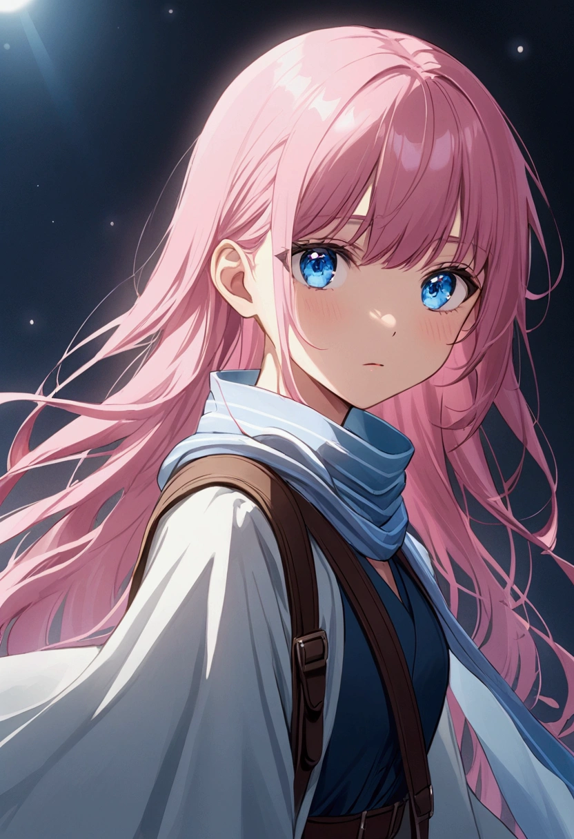shawl、Shoulder strap、Girl with pink hair、blue eyes、Twin Drill、A scene from a movie