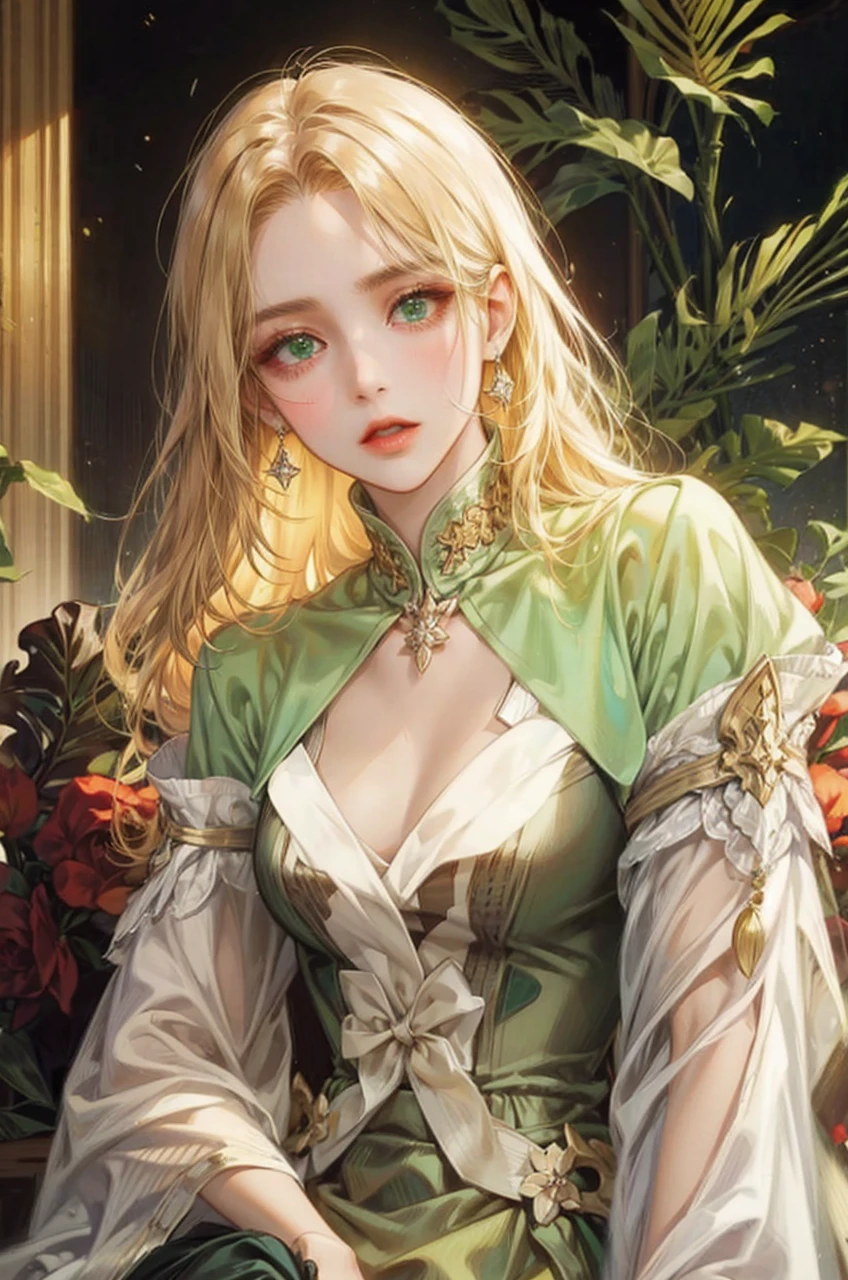 Noble woman, Caucasian skin, long face, greeneyes, honey colored hair, With closed clothes