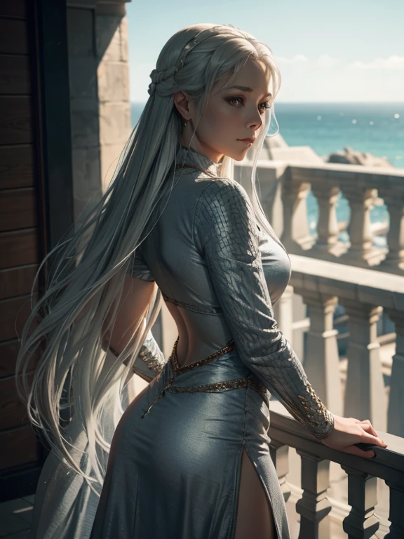 Rhaenyra wearing tight silver dress hugging her round ass, looking through balcony 