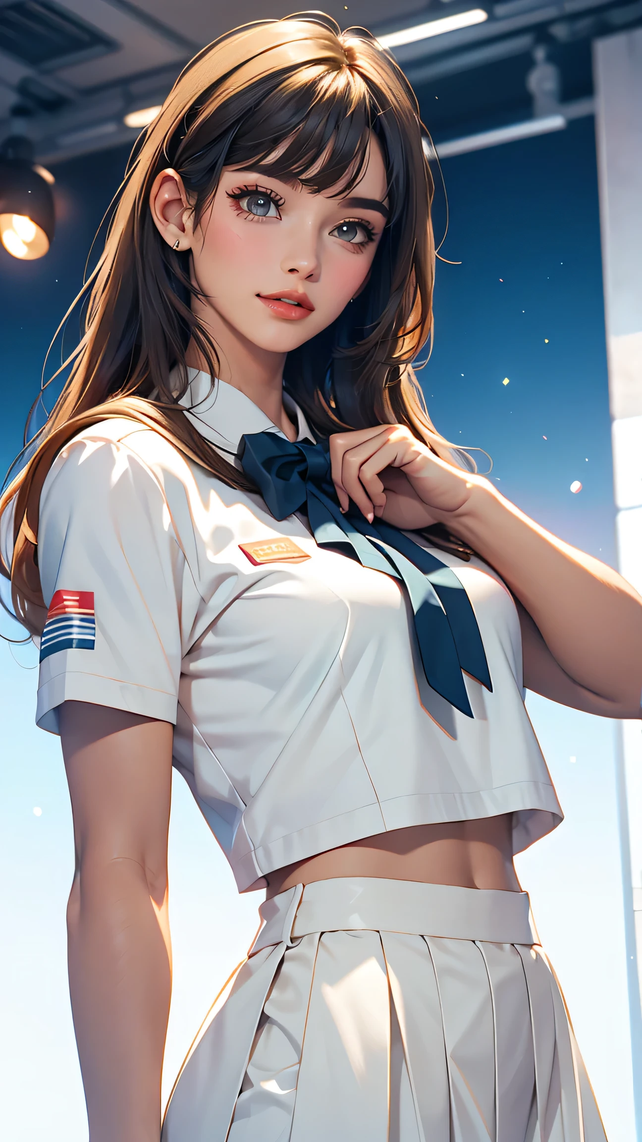 highest quallity, work of art, ultra-high resolution, (reality: 1.4), OriginalPhoto, a girl, mellow, White JK Uniform, Cinema lighting、ssmile、gradient, White background