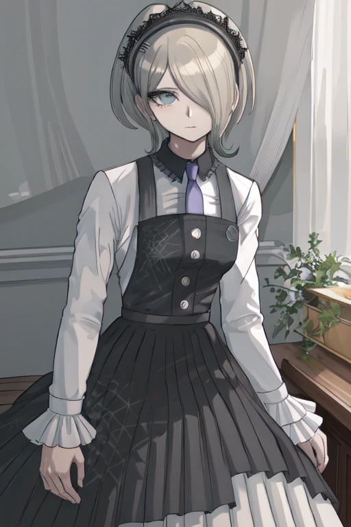 masterpiece, best quality, highres, kirumidg, hair over one eye, necktie, shirt, dress, closed mouth, long sleeves, looking at viewer with a grave look, arms crossed, pantyhose,
