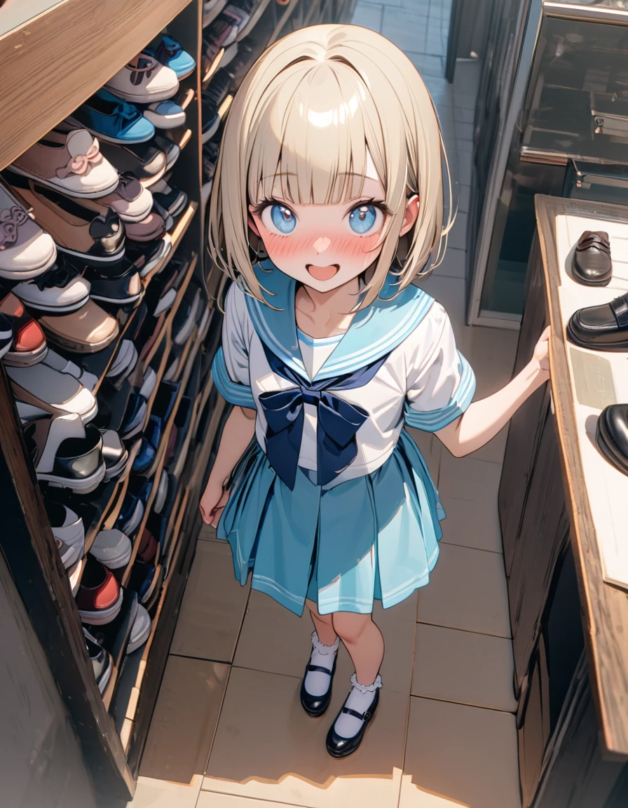 (8K, best quality, master piece: 1.2),super high resolution,1 idol,solo,13yo,ultra-detailed face,detailed eyes,Beige hair,short hair,straight hair,blunt bangs,blue eyes,lash extension,happy,nose blush,floral pattern sailor collar lolita fashionin(Light blue:1.4),Short sleeves,fullbody,look at viewer,standing,bobby socks,mary janes,rim right,From above,indoors Shoe Store