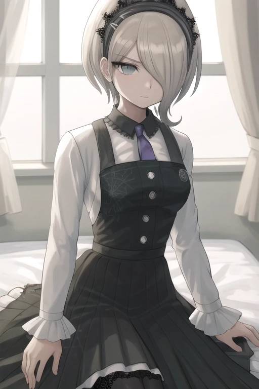 masterpiece, best quality, highres, kirumidg, hair over one eye, necktie, shirt, dress, closed mouth, long sleeves, looking at viewer with a grave look, arms crossed, pantyhose,
