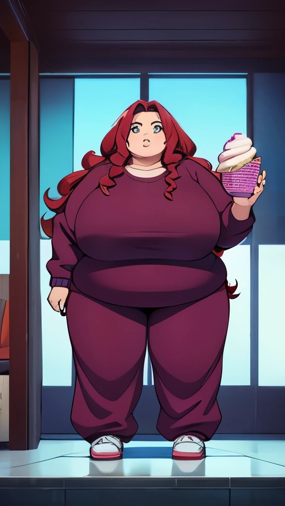 500 pound obese woman, holding a tub of ice cream, very long hot red curly hair, wearing a loose purple sweatshirt and sweatpants, fully body