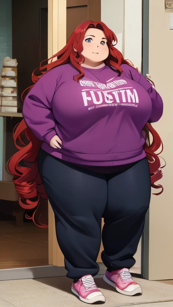 500 pound obese woman, holding a tub of ice cream, very long hot red curly hair, wearing a loose purple sweatshirt and sweatpants, fully body