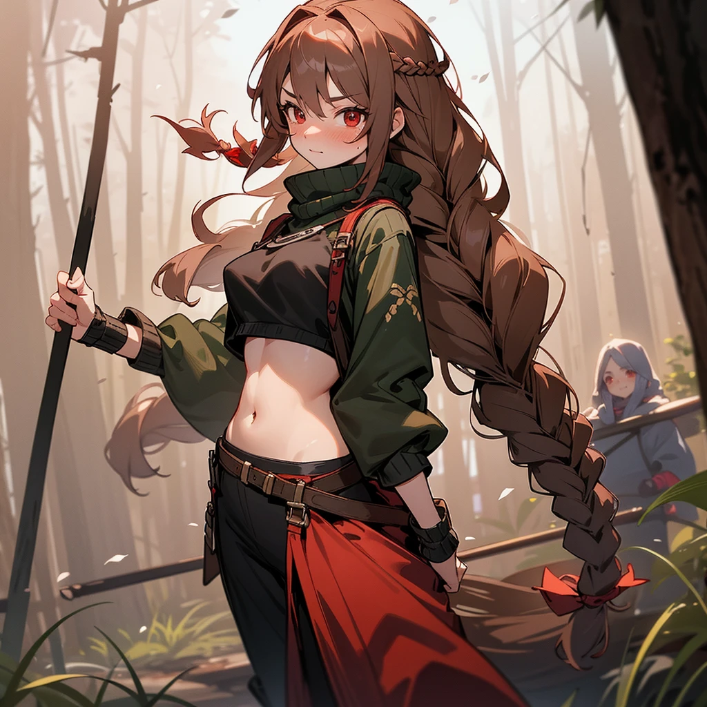 1female, sexy, young teen, finely detailed red eyes, wild long hair, braided hair, brown color hair, adventurer gear, crop top sweater, baggy combat pants, night time, dark forest, excited expression, flowers, blushing, standing on path, lanturns