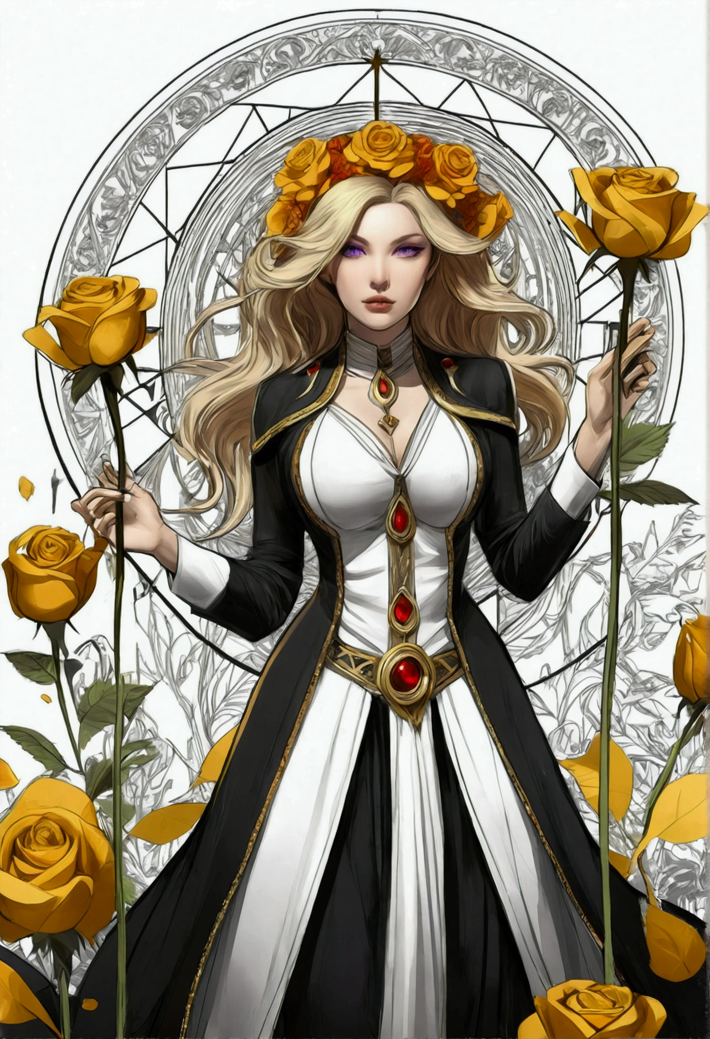 (Golden Ratio:1.2),(Doodle Roses:1.2),(Fault Color:1.3),[(White Background:1.4)::10], (whole body:1.2),(Very detailed:1.3),(Tarot:1.6),(magician (Tarot):1.6),

Fumau 1,Blonde, Long Hair, Have, Black Dress, Purple eyes,Glowing Eyes ,Long sleeve, black sleeves, White Bloomers, floating, View your viewers, Looking down

(Colorful ink paper flowers bloom on face:1.2),(Sea of colorful flowers:1.3),

(Chaotic geometric images:1.3),(Negative Space:0.8),(Drawing Board:1.3),

(Ethereal colorful ink flows:1.3)