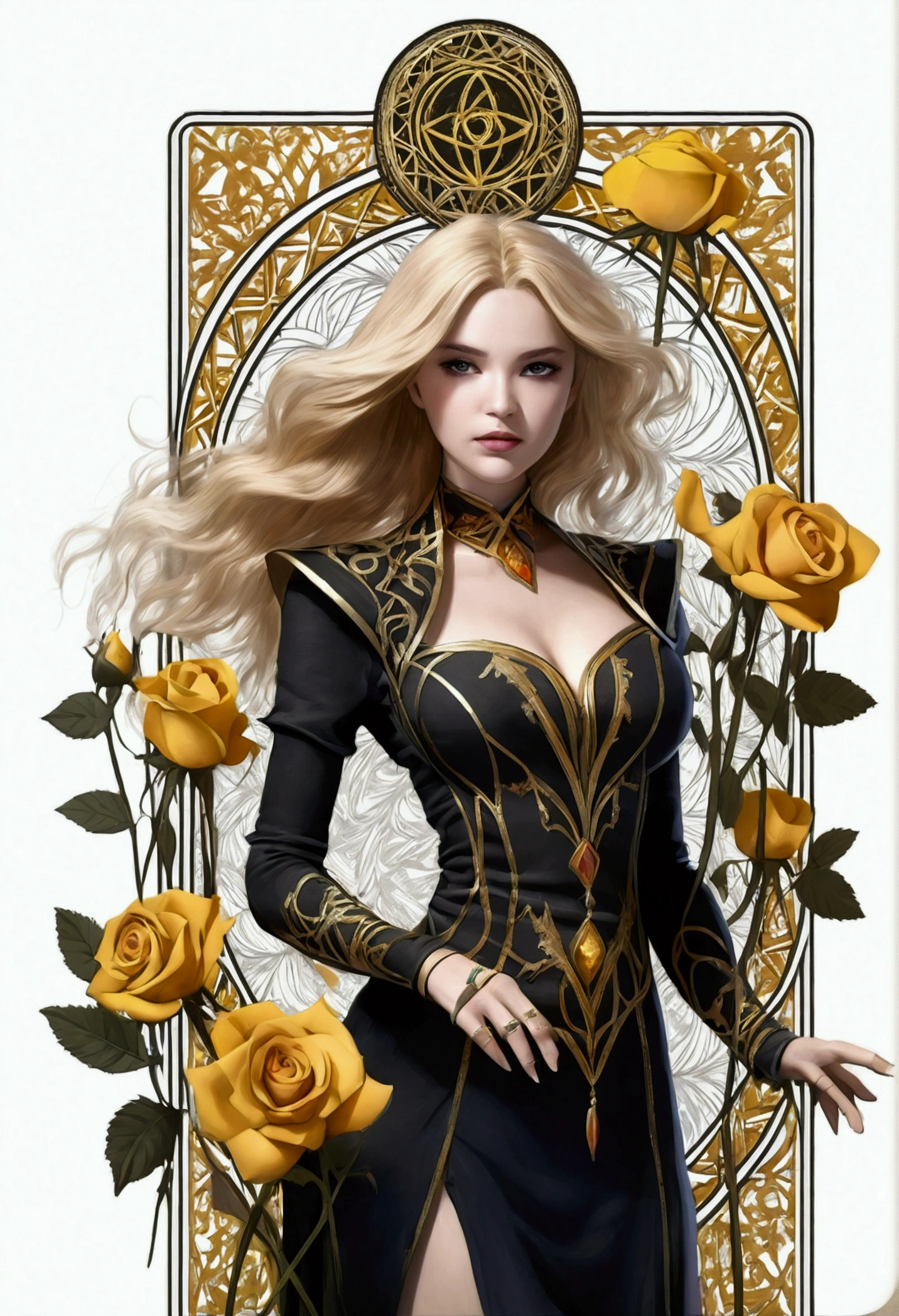 (Golden Ratio:1.2),(Doodle Roses:1.2),(Fault Color:1.3),[(White Background:1.4)::10], (whole body:1.2),(Very detailed:1.3),(Tarot:1.6),(magician (Tarot):1.6),

Fumau 1,Blonde, Long Hair, Have, Black Dress, Purple eyes,Glowing Eyes ,Long sleeve, black sleeves, White Bloomers, floating, View your viewers, Looking down

(Colorful ink paper flowers bloom on face:1.2),(Sea of colorful flowers:1.3),

(Chaotic geometric images:1.3),(Negative Space:0.8),(Drawing Board:1.3),

(Ethereal colorful ink flows:1.3)